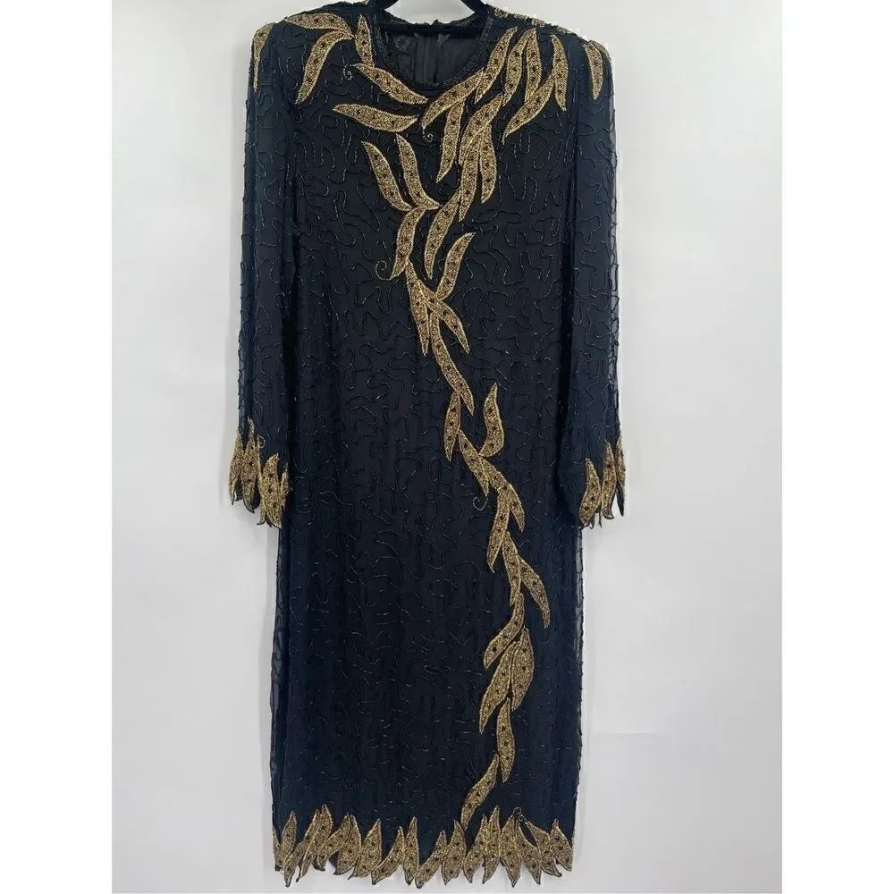 Jewel Queen Black Gold Pure Silk Glass Beaded Crew Neck Gown Dress Size Large